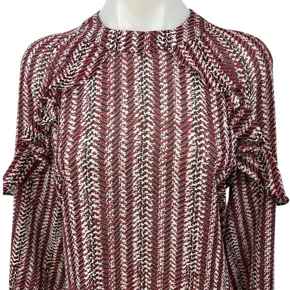 Reiss Red Multicolor Ruffle Bell Long Sleeve Mock Neck Printed Blouse Top Size 0 - Picture 3 of 5